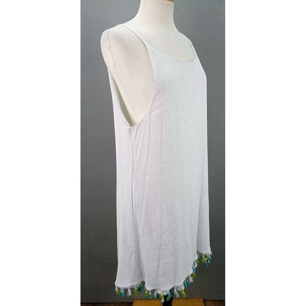 Nina Leonard Dress Womens XL White Summer Tassel Hem Lined Tank Beachy Cottage - Picture 2 of 11